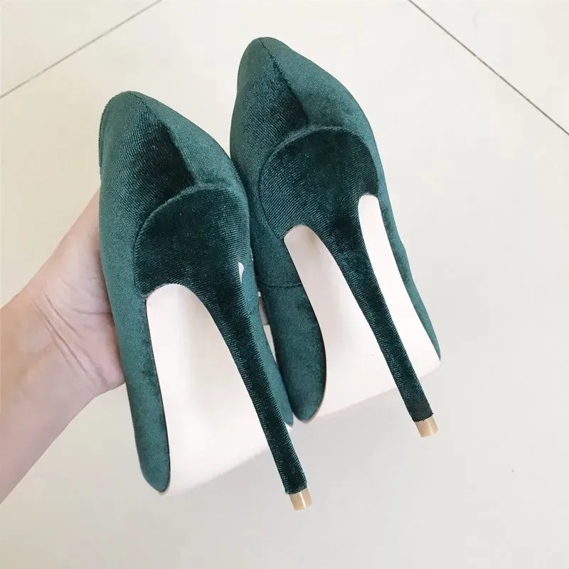 12cm Fashion Velvet dark green nightclub high heels