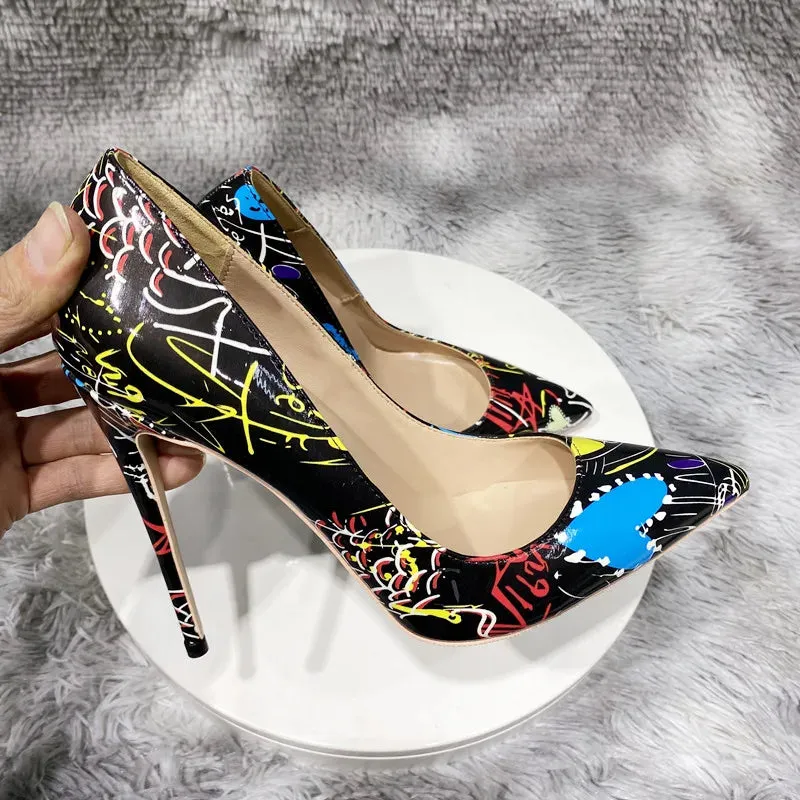 12cm Women's art graffiti high heels, sexy black needle pointed high heels