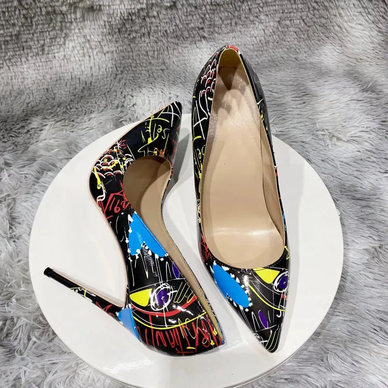 12cm Women's art graffiti high heels, sexy black needle pointed high heels