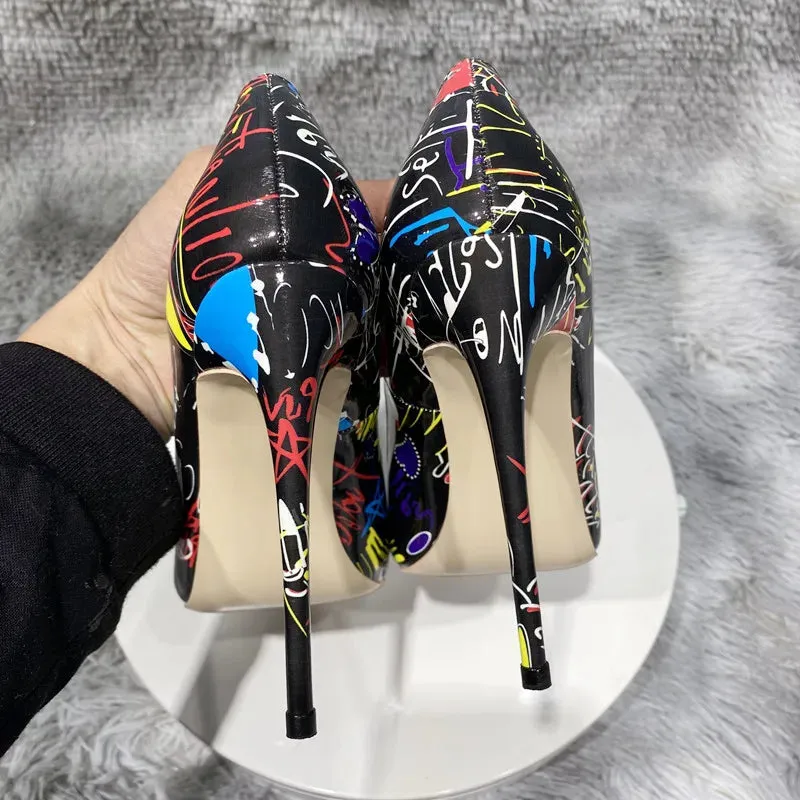 12cm Women's art graffiti high heels, sexy black needle pointed high heels