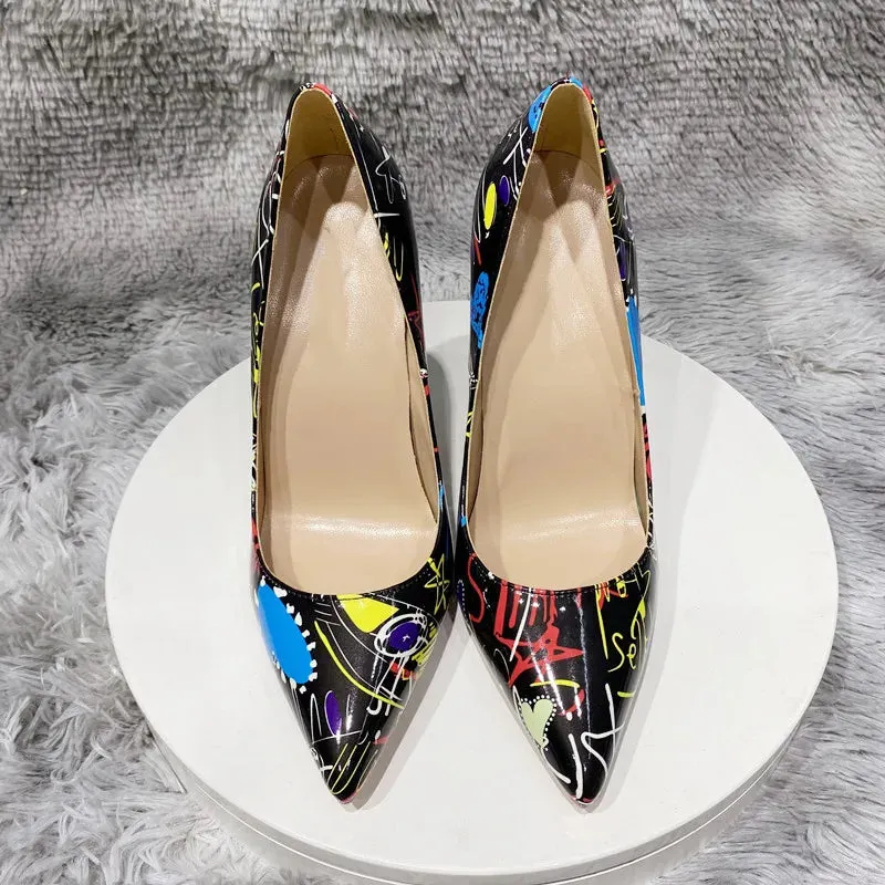 12cm Women's art graffiti high heels, sexy black needle pointed high heels