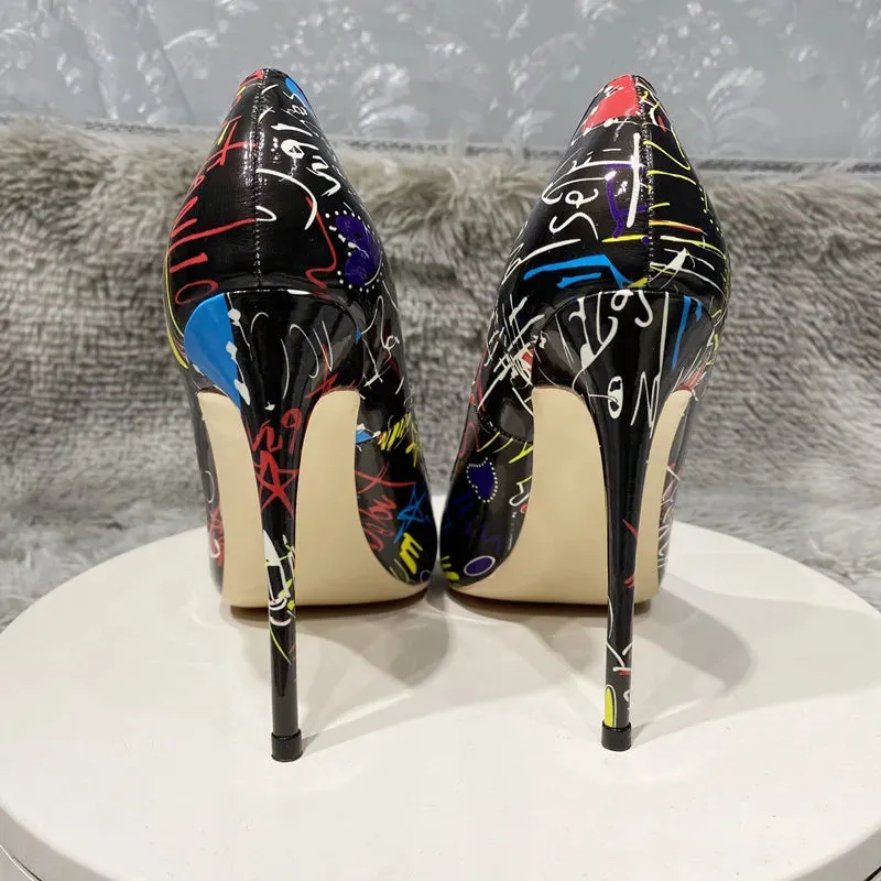 12cm Women's art graffiti high heels, sexy black needle pointed high heels