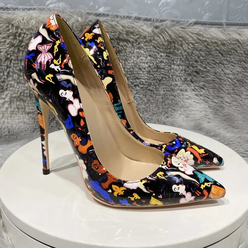 12cm Women's art graffiti high heels