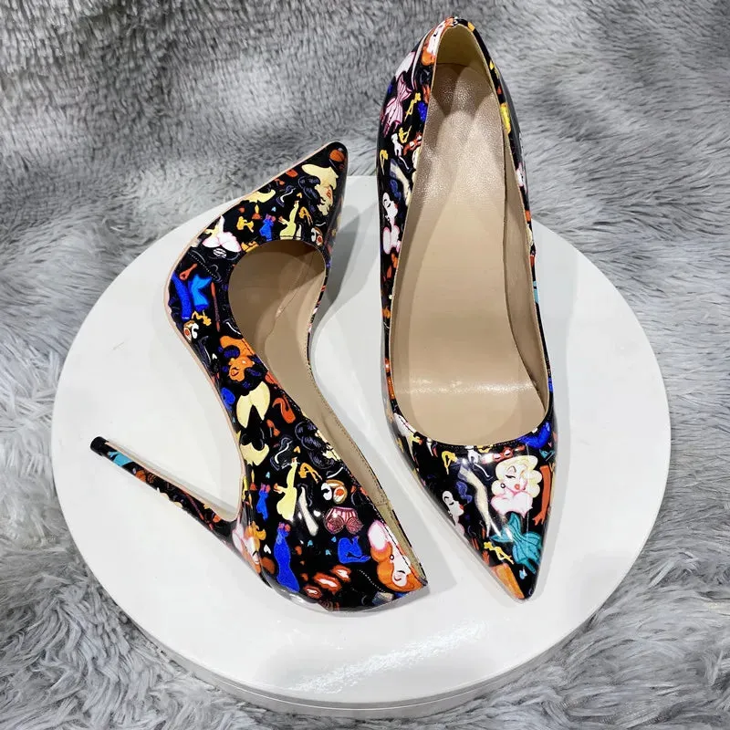12cm Women's art graffiti high heels