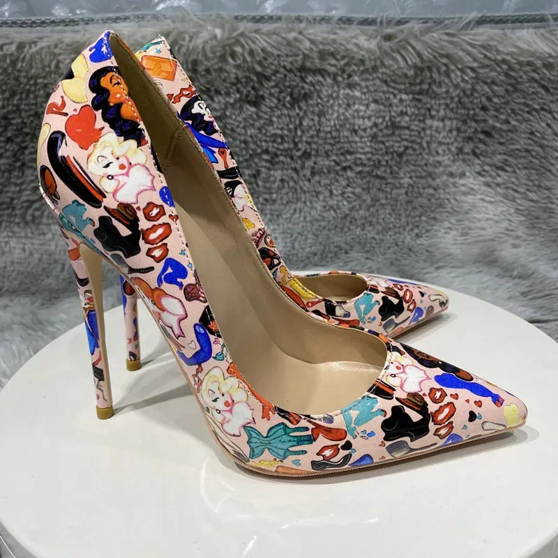 12cm Women's art graffiti high heels