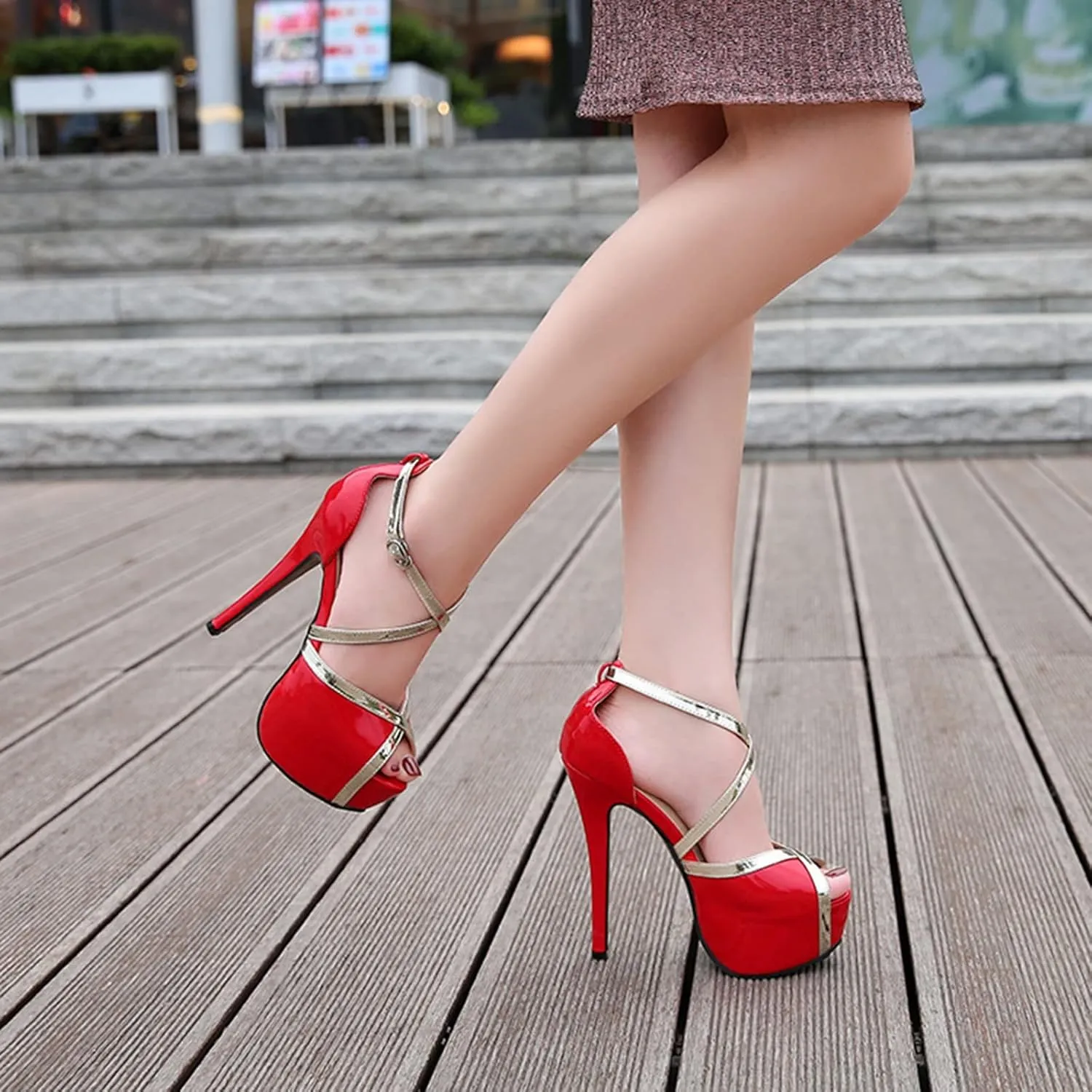 14CM/5.5IN Women's Sandals Round Toe Platform Cross Strap Fish Mouth Stiletto Sandals Sexy Catwalk Show Nightclub Fashion Sandals