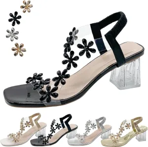 2024 New Women's Flower Rhinestone Block Heel Sandals, Womens Low Heel Comfortable Pump Block Heel Sandals