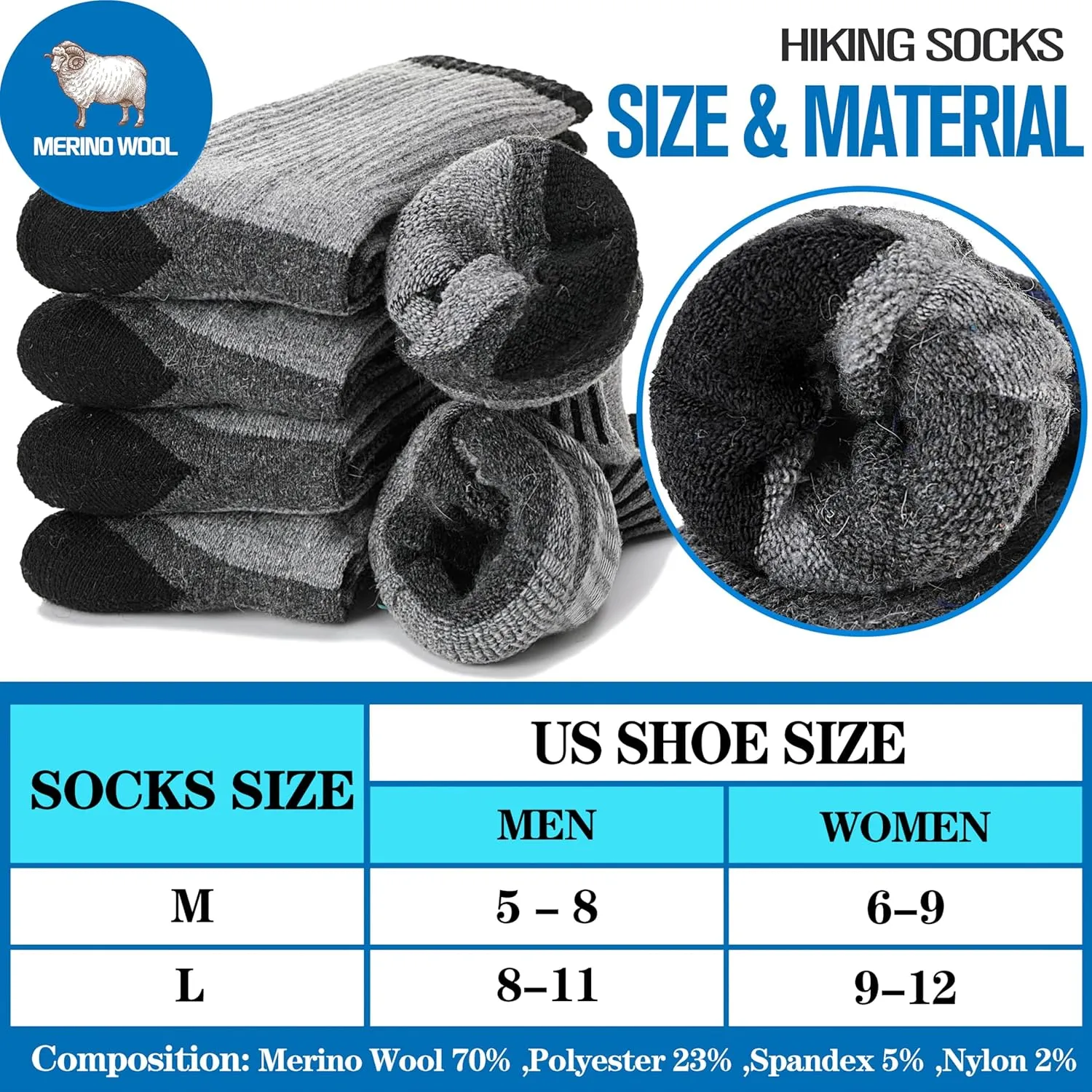 5 Pairs Merino Wool Hiking Socks Warm Thermal Winter Cozy Cushioned Moisture Wicking Socks for Women & Men