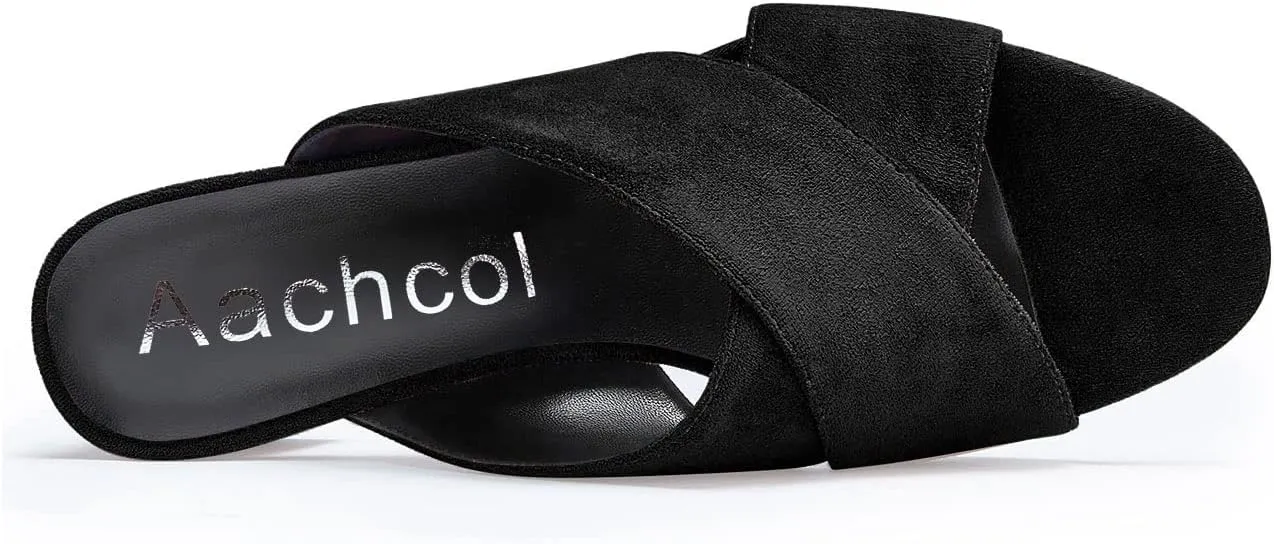 Aachcol Women Chunky Block Mid Low Heel Sandals Peep Open Toe Slip-on Dress Shoes Party Wedding Suede 2 Inch
