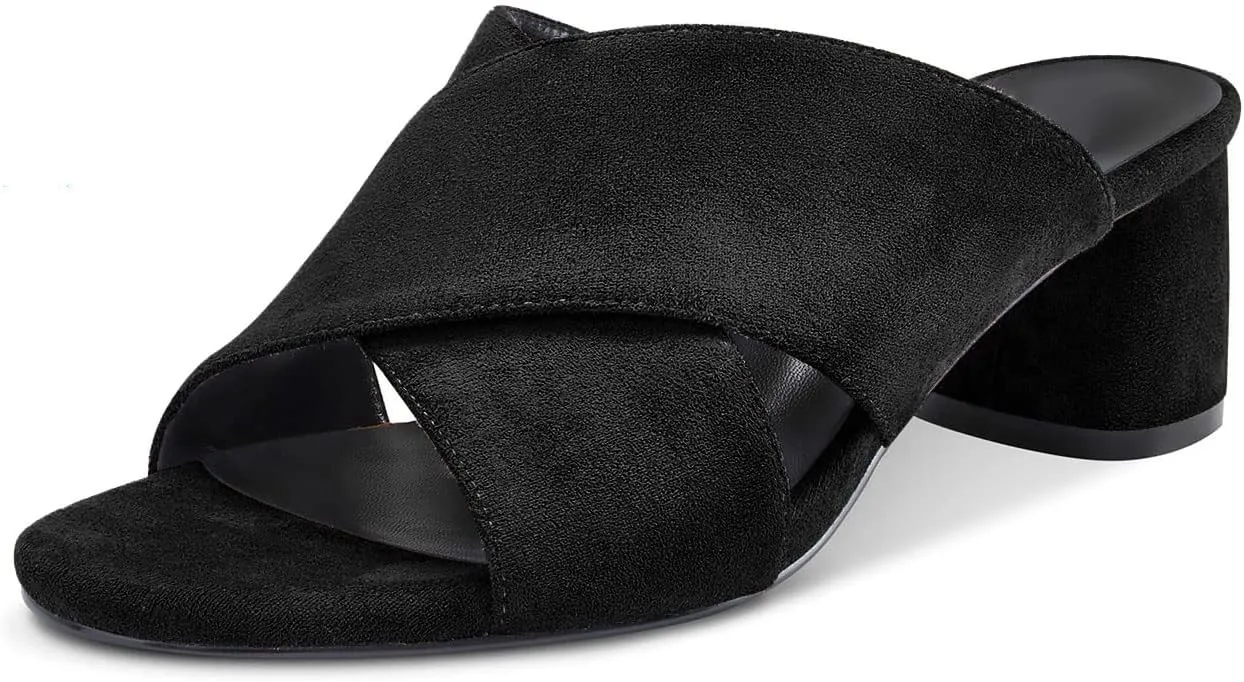 Aachcol Women Chunky Block Mid Low Heel Sandals Peep Open Toe Slip-on Dress Shoes Party Wedding Suede 2 Inch