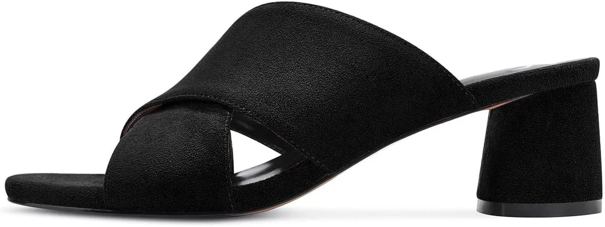 Aachcol Women Chunky Block Mid Low Heel Sandals Peep Open Toe Slip-on Dress Shoes Party Wedding Suede 2 Inch