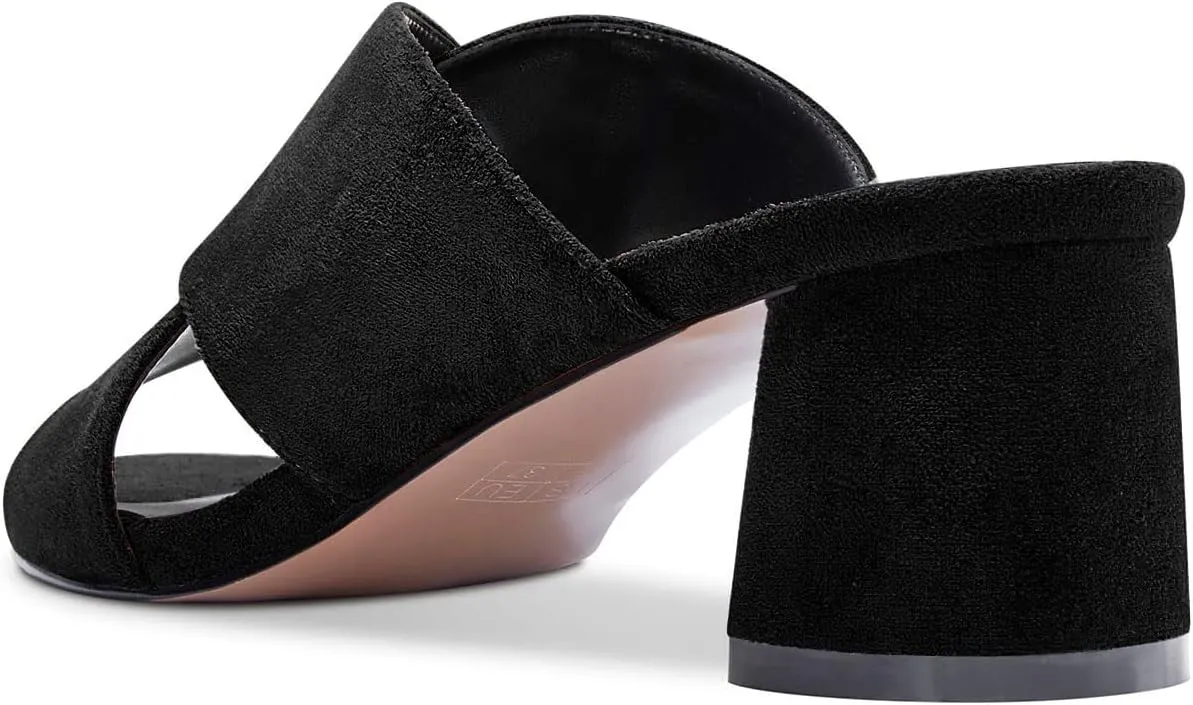 Aachcol Women Chunky Block Mid Low Heel Sandals Peep Open Toe Slip-on Dress Shoes Party Wedding Suede 2 Inch