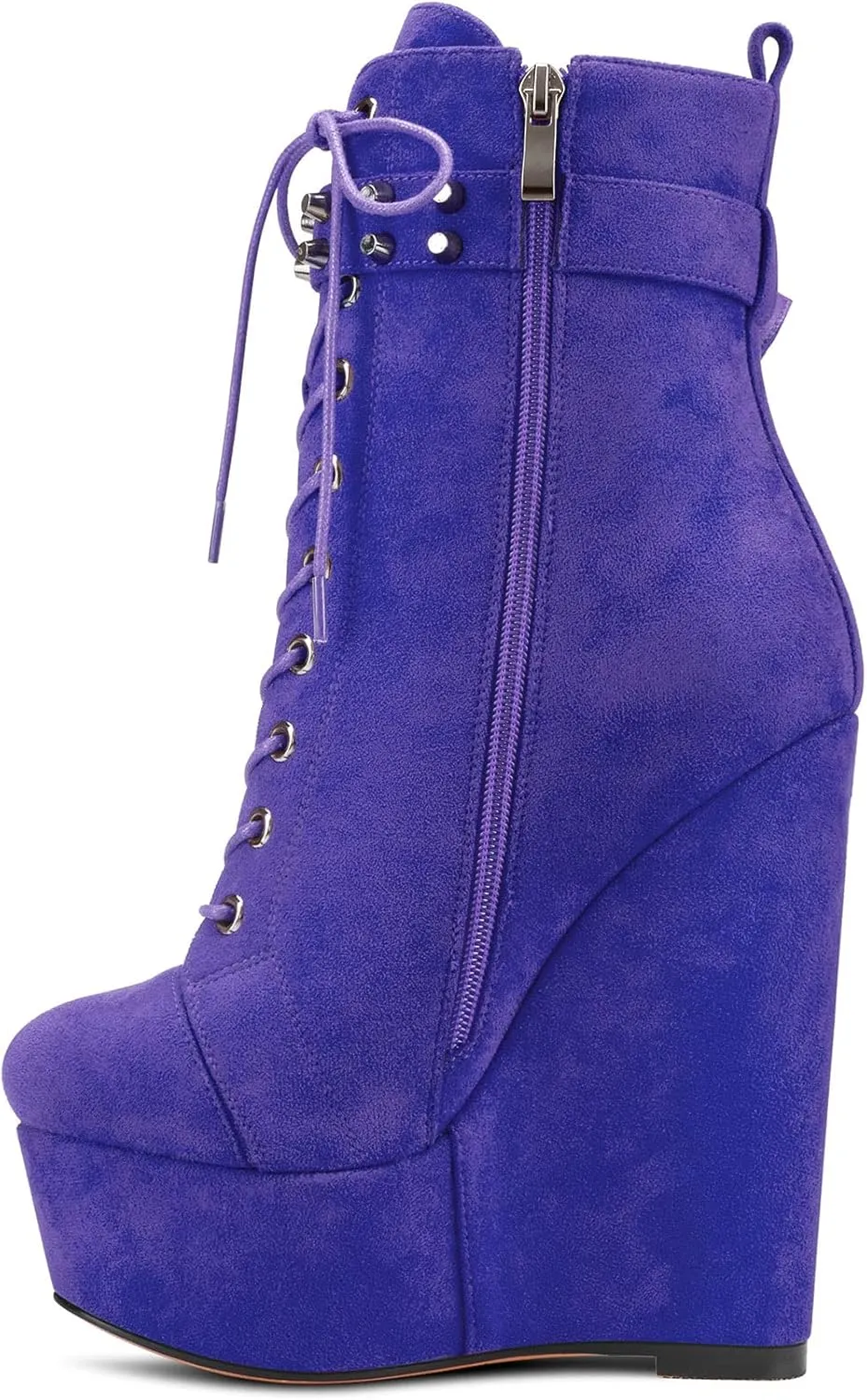 Aachcol Women Platform Ankle Boots Short Bootie Mid Calf Lace-up Rivets Close Round Toe Chunky Block Wedge High Heel Suede 6 Inch