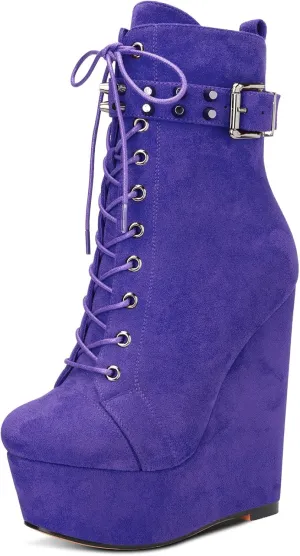 Aachcol Women Platform Ankle Boots Short Bootie Mid Calf Lace-up Rivets Close Round Toe Chunky Block Wedge High Heel Suede 6 Inch
