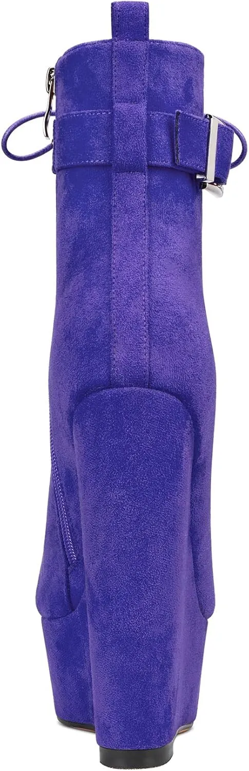 Aachcol Women Platform Ankle Boots Short Bootie Mid Calf Lace-up Rivets Close Round Toe Chunky Block Wedge High Heel Suede 6 Inch