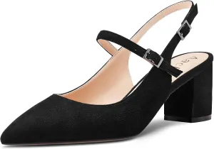 Aachcol Women Pumps Pointed Toe Ankle Strap Mary Jane Slingback Chunky Block Mid Heel Dress Shoes Suede Office Wedding Shopping 2.6 Inches
