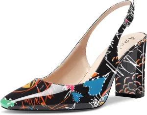 Aachcol Women Slingback Chunky Block High Heel Pumps Square Toe Ankle Strap Dress Shoes Party Office Wedding 3.5 Inch
