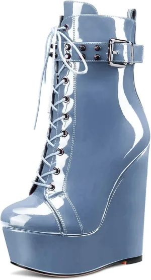 Aachcol Women Wedge Platform High Heel Ankle Boots Short Bootie Round Close Toe Lace-up Shoes Rivets Buckle Patent 6 Inch