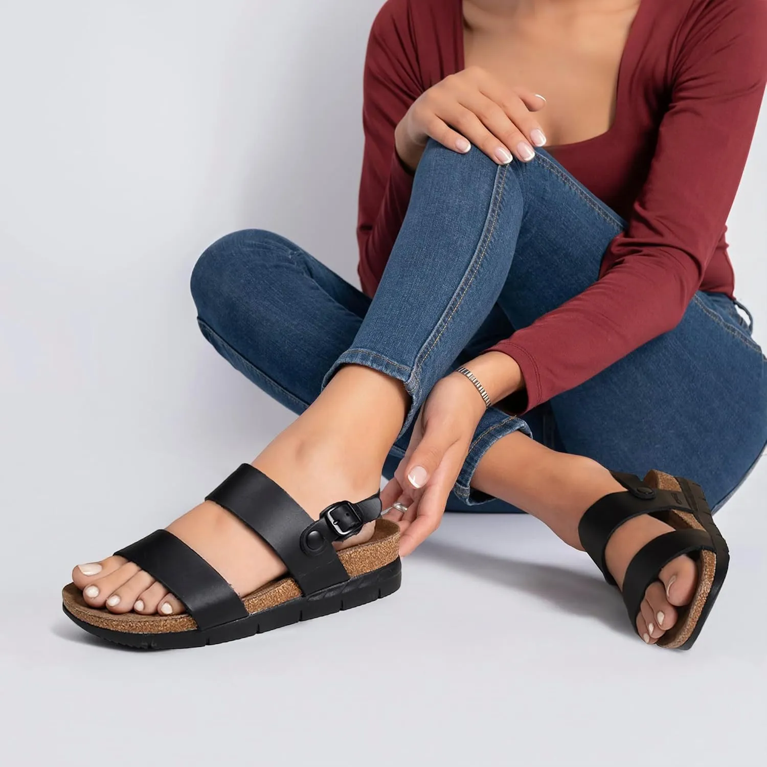 AEROTHOTIC Casual Comfy Leather Platform Sandals with Arch Support Non-Slip Cute Double Strappy Open Toe Wedge Sandals for Women Great for Travel and Daily Use