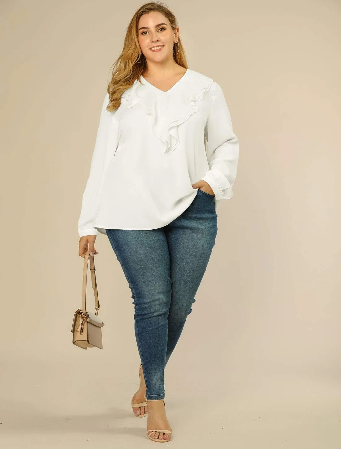 Agnes Orinda Women's Plus Size Ruffle Blouse Chiffon V Neck Work Office Long Sleeve Shirt Tops