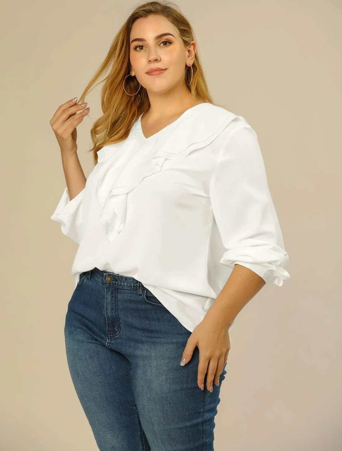 Agnes Orinda Women's Plus Size Ruffle Blouse Chiffon V Neck Work Office Long Sleeve Shirt Tops