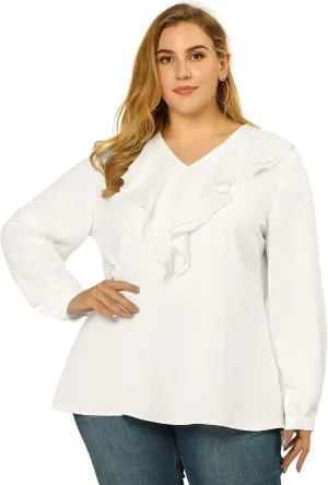 Agnes Orinda Women's Plus Size Ruffle Blouse Chiffon V Neck Work Office Long Sleeve Shirt Tops