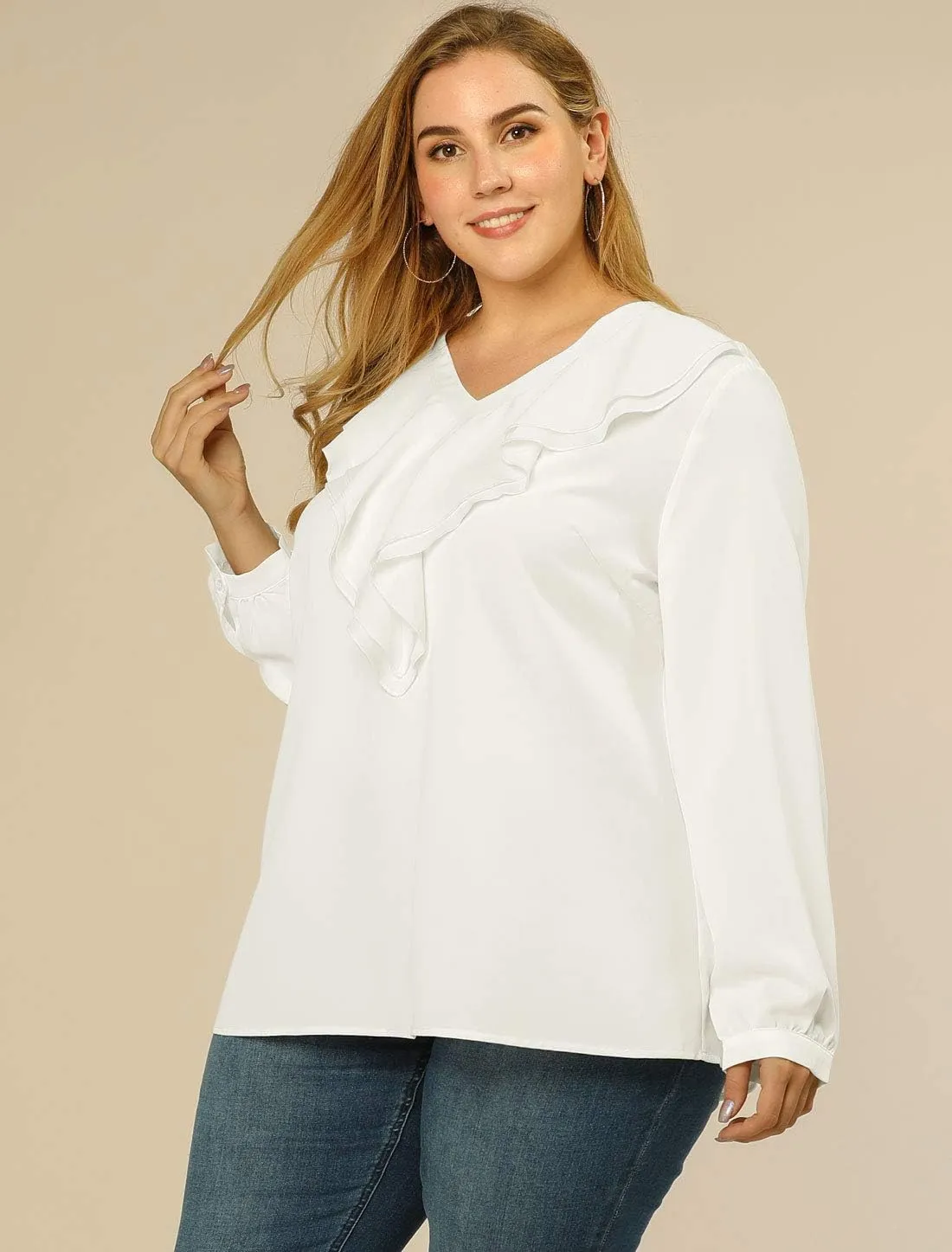 Agnes Orinda Women's Plus Size Ruffle Blouse Chiffon V Neck Work Office Long Sleeve Shirt Tops
