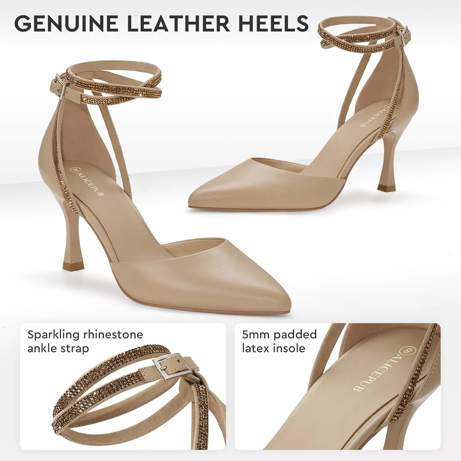 ALICEPUB Women's Closed Pointed Toe Heels Pumps Rhinestone Wedding Bridal Shoes for Bride 3Inch Stiletto Heels Dress Shoes for Women Party