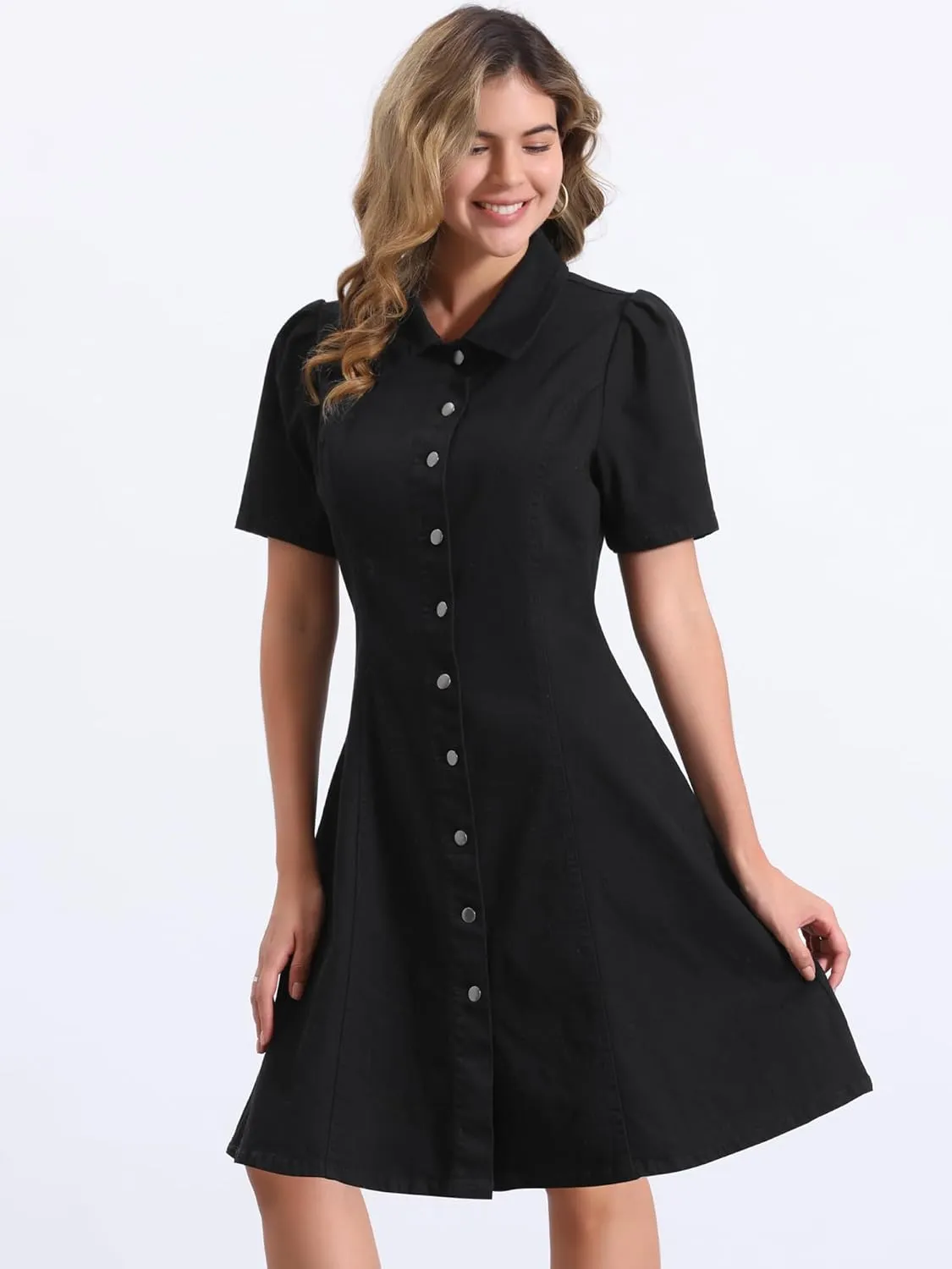 Allegra K Denim Dress for Women's Puff Sleeve Button Down Collared Jean A-Line Dress