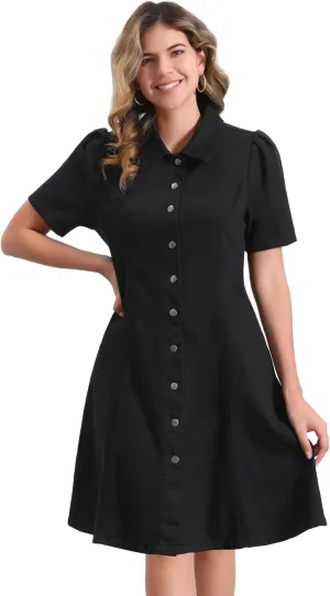 Allegra K Denim Dress for Women's Puff Sleeve Button Down Collared Jean A-Line Dress
