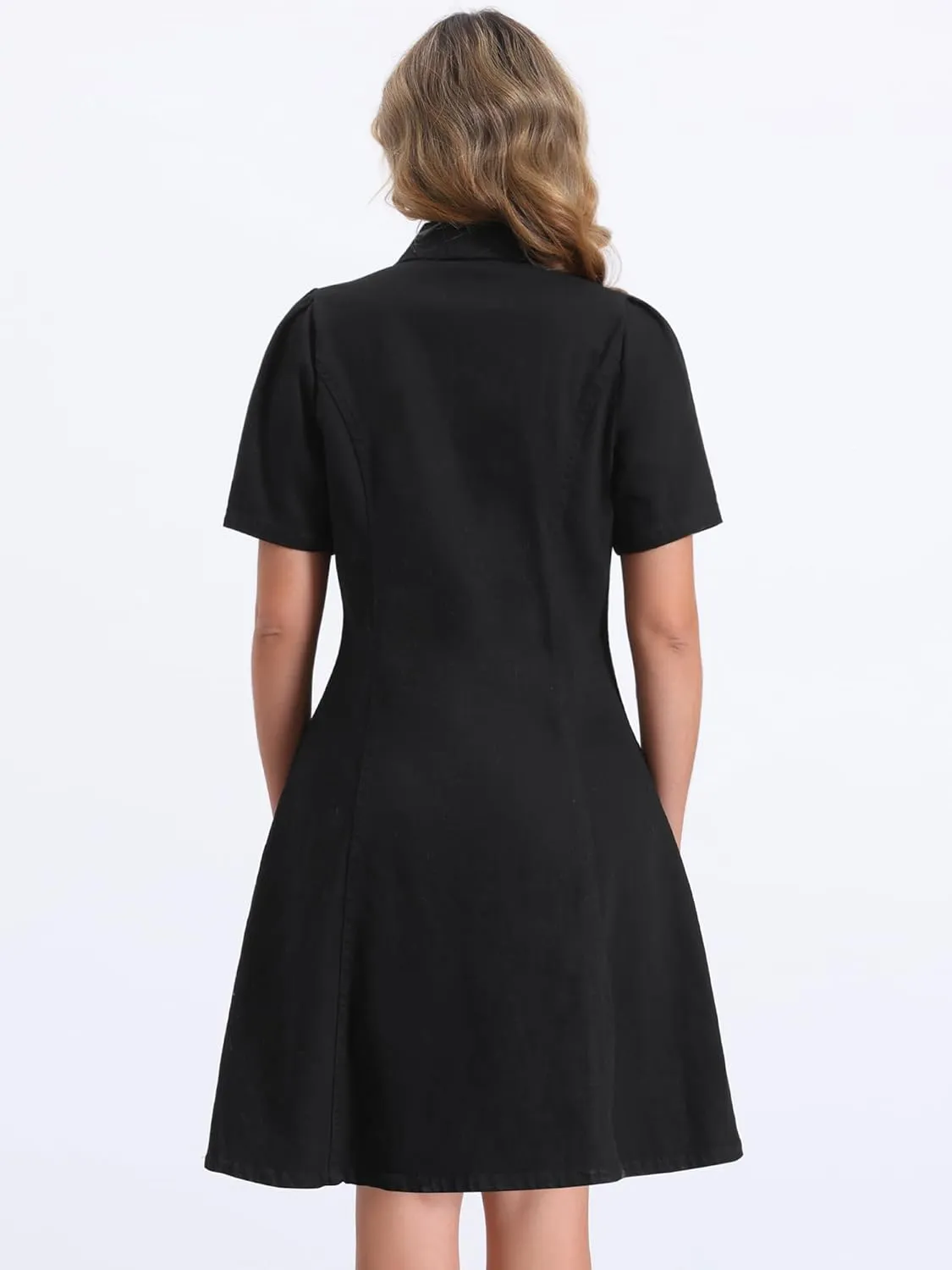 Allegra K Denim Dress for Women's Puff Sleeve Button Down Collared Jean A-Line Dress