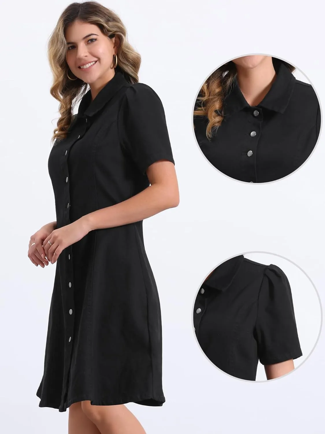 Allegra K Denim Dress for Women's Puff Sleeve Button Down Collared Jean A-Line Dress