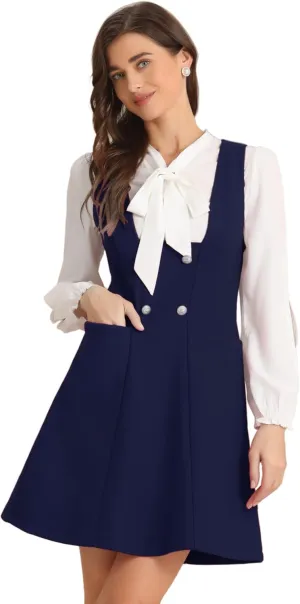 Allegra K Halloween Pinafore Dress for Women's Double Breasted Decor A-Line Overalls Dresses