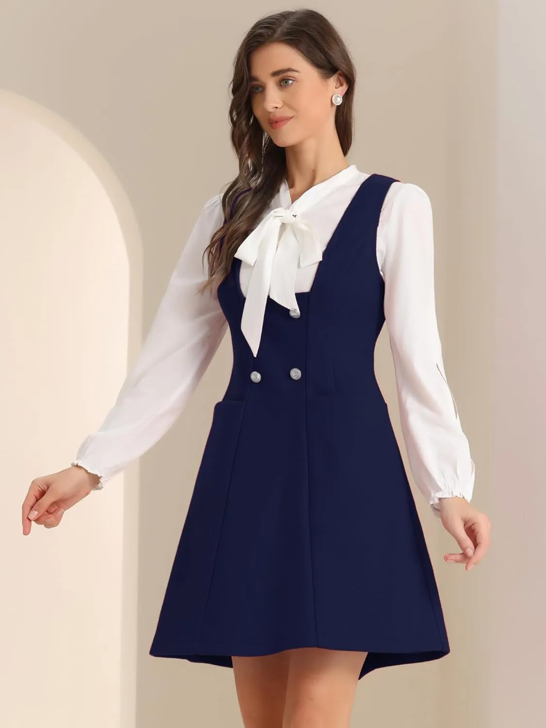 Allegra K Halloween Pinafore Dress for Women's Double Breasted Decor A-Line Overalls Dresses
