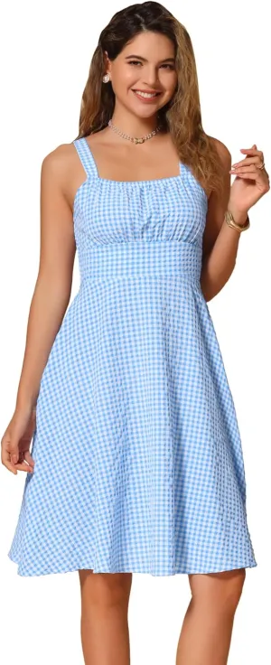 Allegra K Vintage Sleeveless Dress for Women's Plaid Ruched Summer A-Line Flowy Midi Dresses