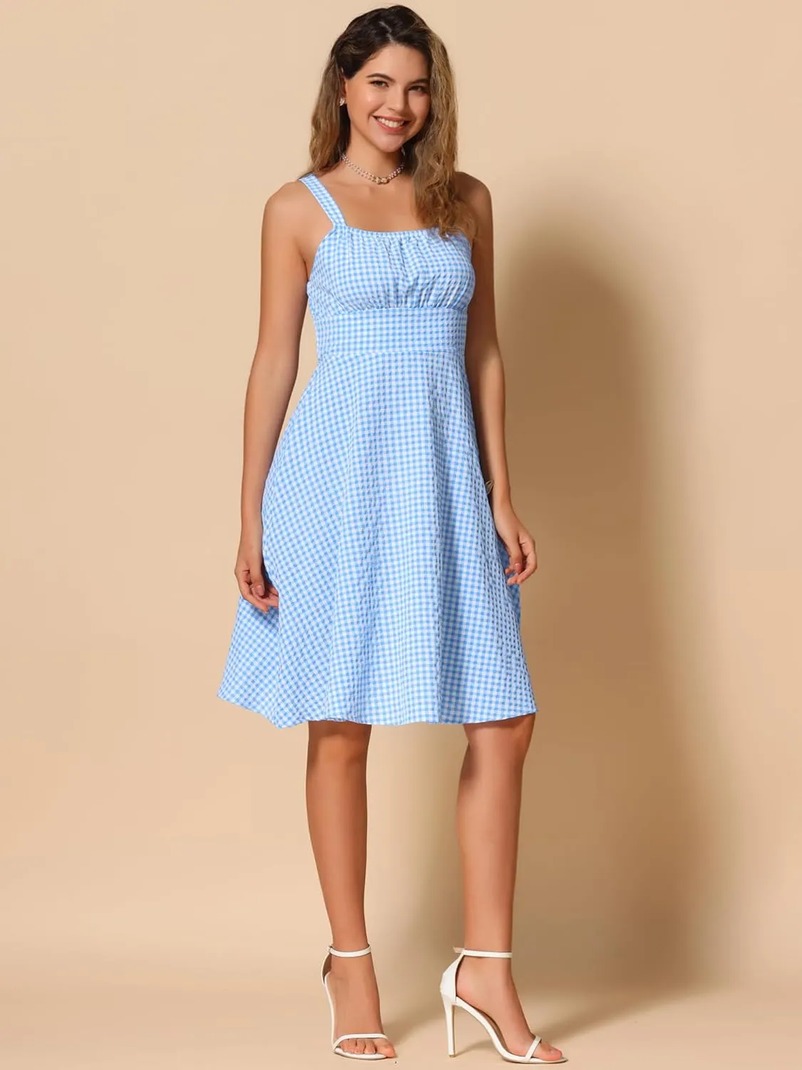 Allegra K Vintage Sleeveless Dress for Women's Plaid Ruched Summer A-Line Flowy Midi Dresses