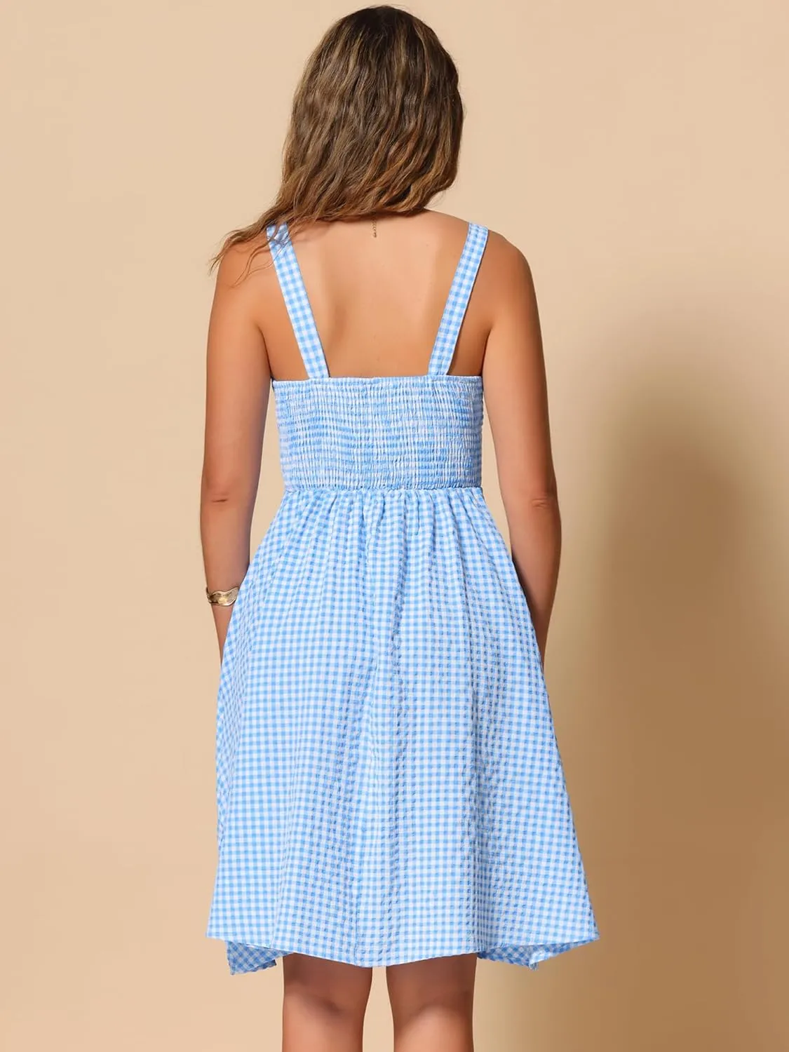 Allegra K Vintage Sleeveless Dress for Women's Plaid Ruched Summer A-Line Flowy Midi Dresses