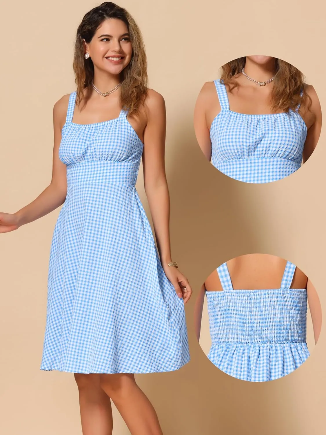 Allegra K Vintage Sleeveless Dress for Women's Plaid Ruched Summer A-Line Flowy Midi Dresses