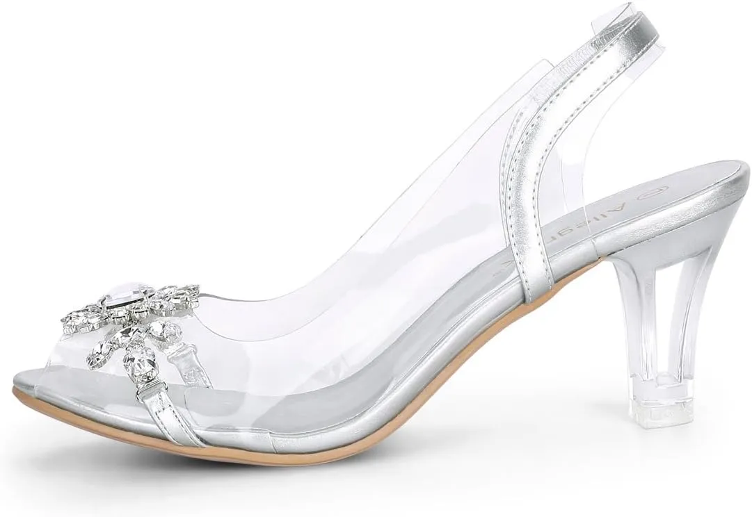 Allegra K Women's Clear Slingback Flower Rhinestone Peep Toe Heels Sandals