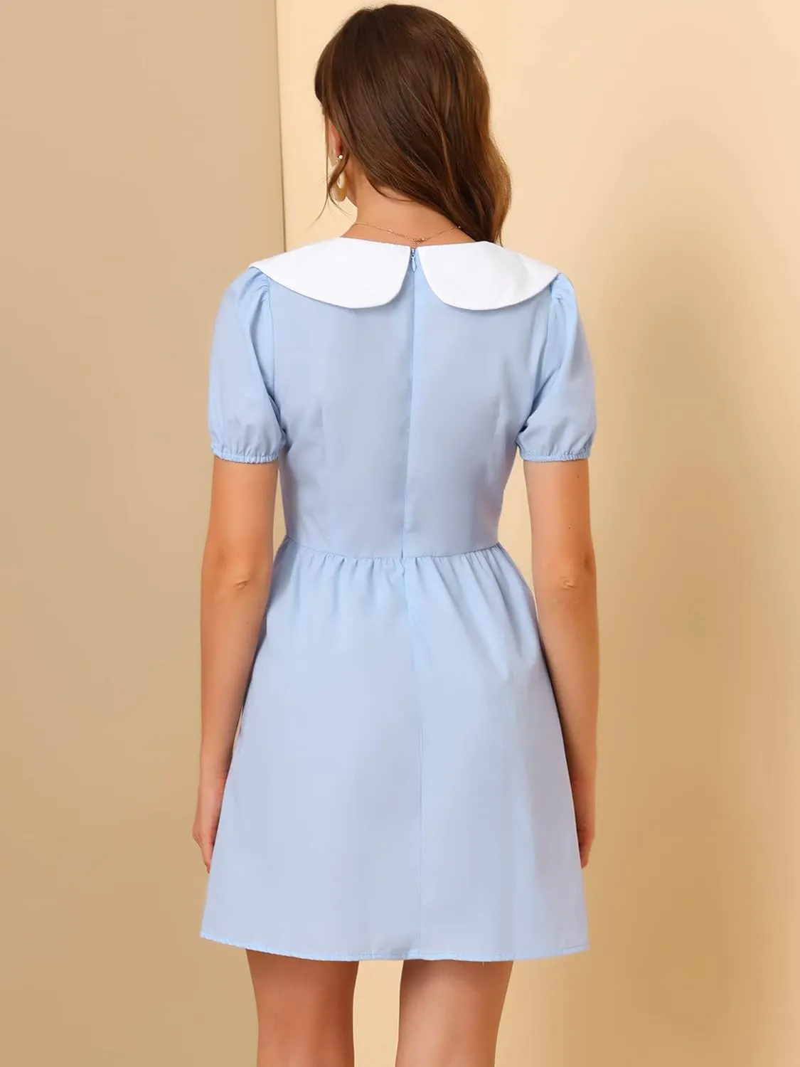 Allegra K Women's Contrast Peter Pan Collar Puff Short Sleeve A-line Dress