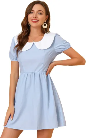 Allegra K Women's Contrast Peter Pan Collar Puff Short Sleeve A-line Dress