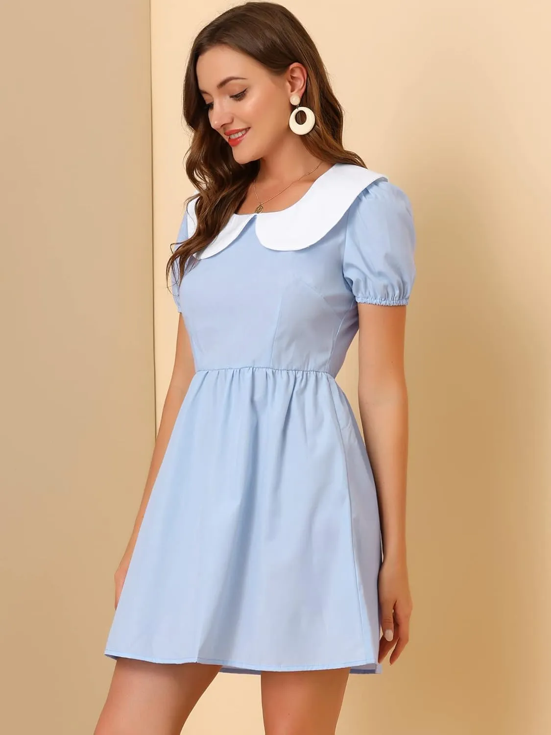 Allegra K Women's Contrast Peter Pan Collar Puff Short Sleeve A-line Dress