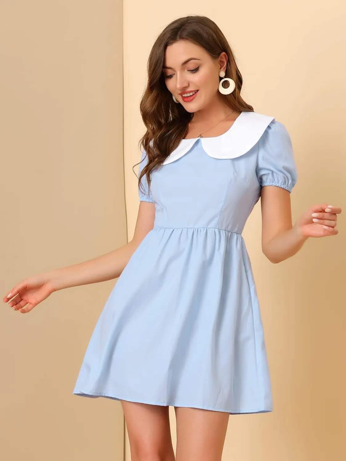 Allegra K Women's Contrast Peter Pan Collar Puff Short Sleeve A-line Dress