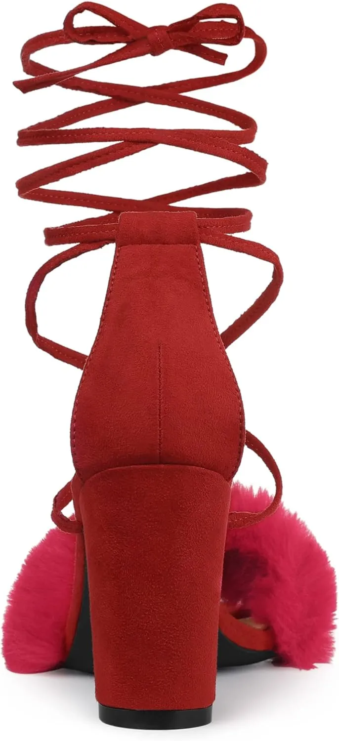 Allegra K Women's Faux Fur Lace Up Strappy Chunky Heels Sandals