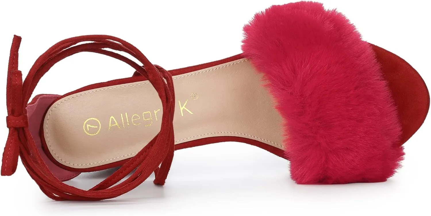 Allegra K Women's Faux Fur Lace Up Strappy Chunky Heels Sandals