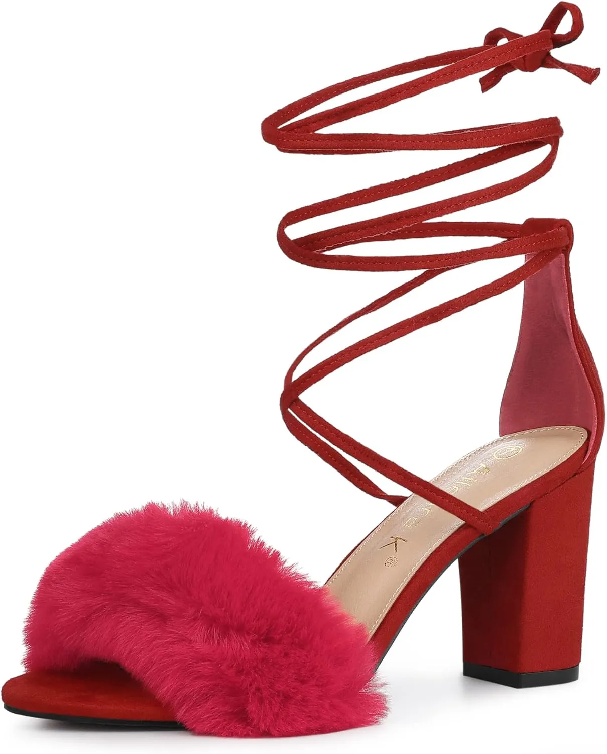 Allegra K Women's Faux Fur Lace Up Strappy Chunky Heels Sandals