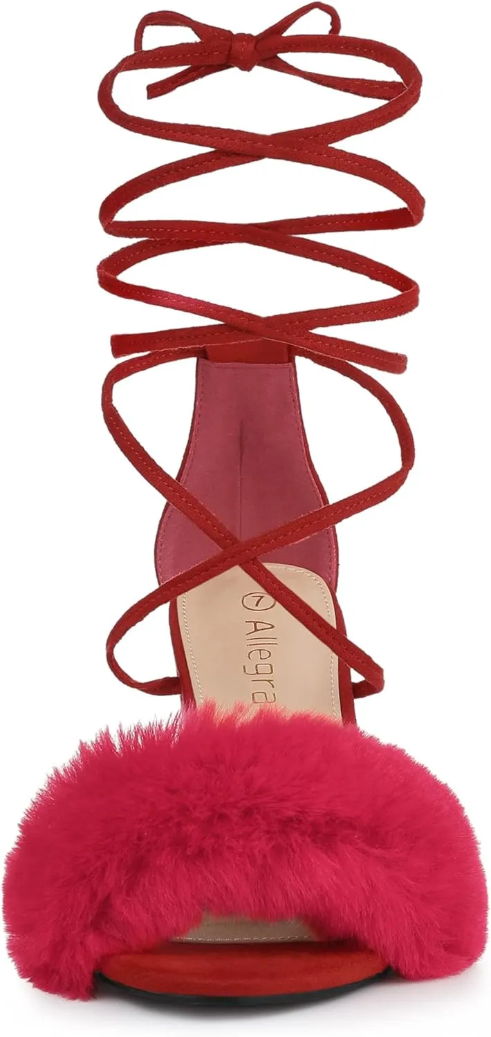 Allegra K Women's Faux Fur Lace Up Strappy Chunky Heels Sandals