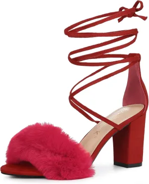 Allegra K Women's Faux Fur Lace Up Strappy Chunky Heels Sandals