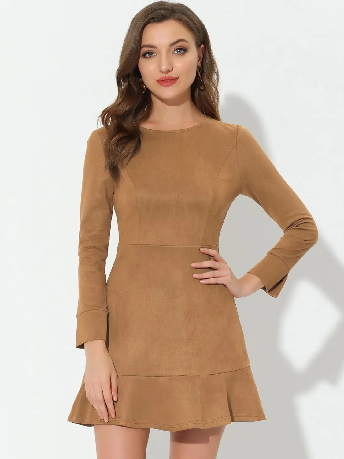 Allegra K Women's Faux Suede Round Neck Elegant Long Sleeve Ruffle Dress