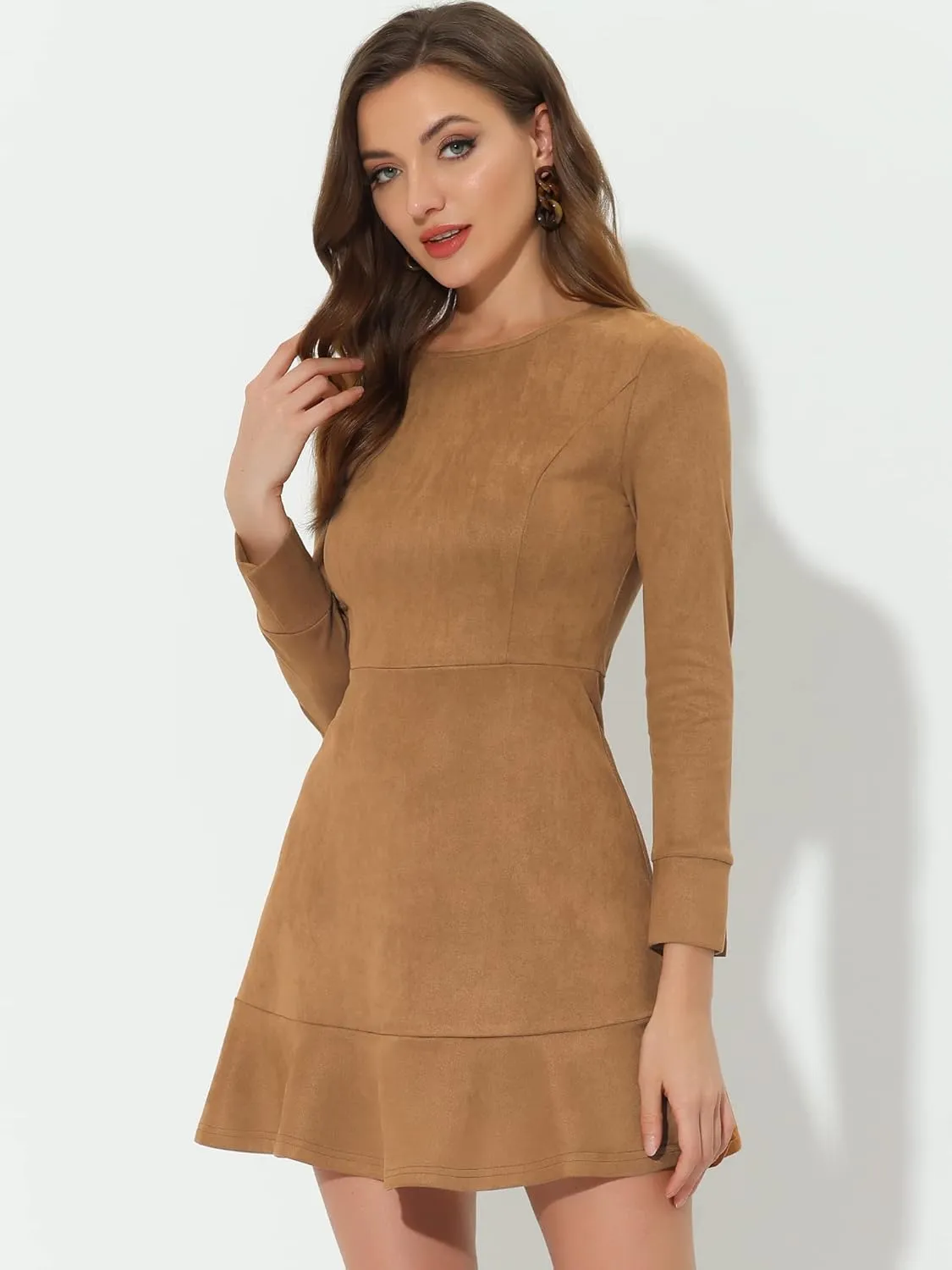 Allegra K Women's Faux Suede Round Neck Elegant Long Sleeve Ruffle Dress